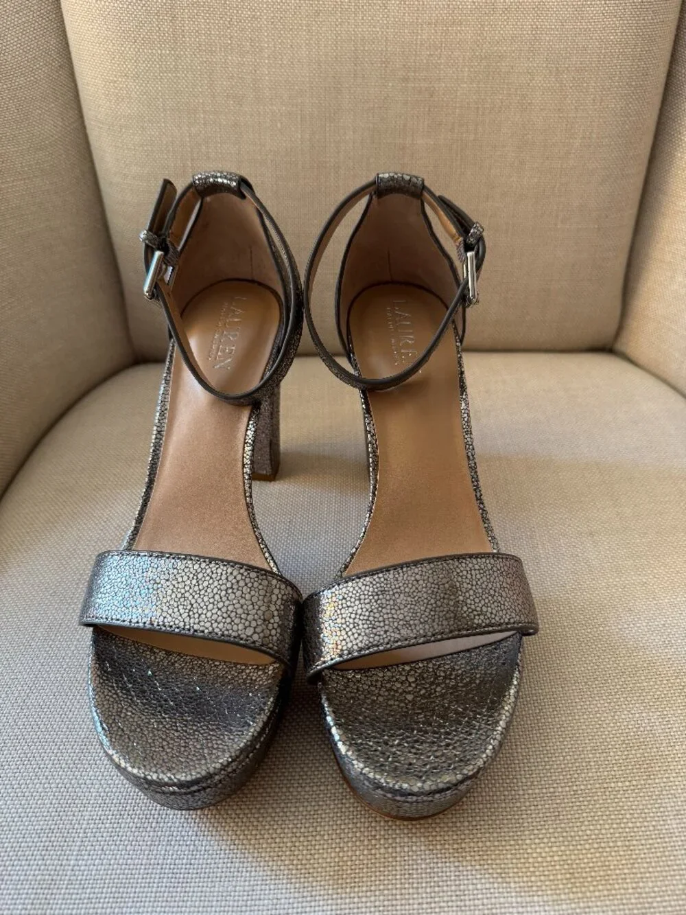 Lauren Ralph Lauren, Size 8.5, 100% Leather, Silver, Platform
